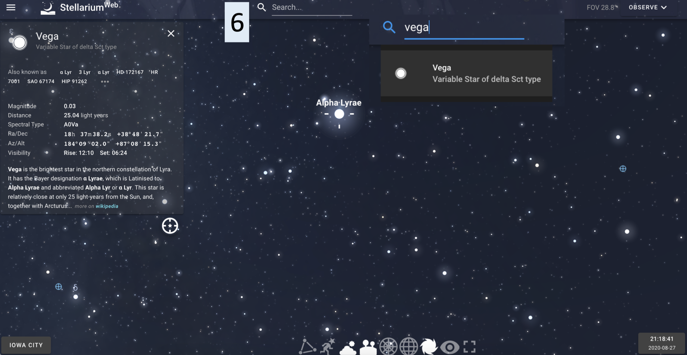 A digital view of the night sky is shown, with the view zoomed in on the sky to center on the star Vega. A menu is included.