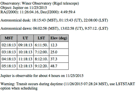 Observation schedule of Jupiter by specifying an LST start time using the scheduling tool.