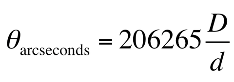 The equation reads, 'Theta in arcseconds equals 206265 times big D (physical size) over little d (distance)'.