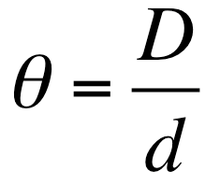 The equation reads, 'Theta equals big D (physical size) over little d (distance)'.