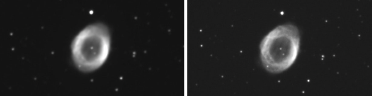 Two images of the ring nebula are shown side by side. The Image to the right has more detail; the whips of gas and dust in the planetary nebula are sharper and more defined.