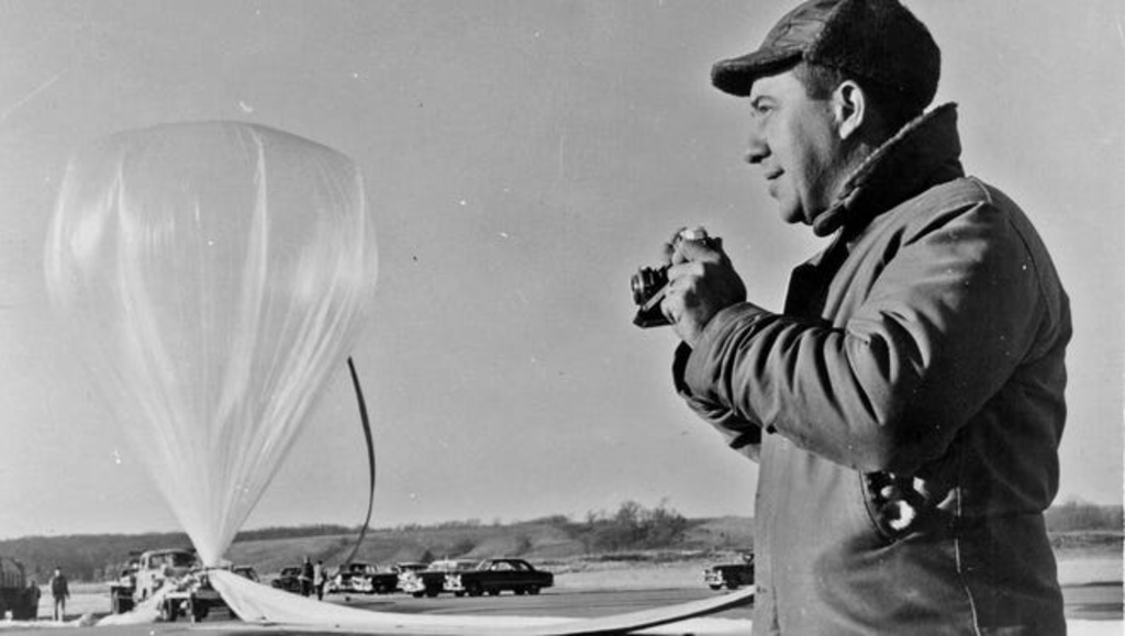 James Van Allen at the Iowa City airport, circa 1951, conducting tests of high-altitude weather balloons and research equipment and telemetry.