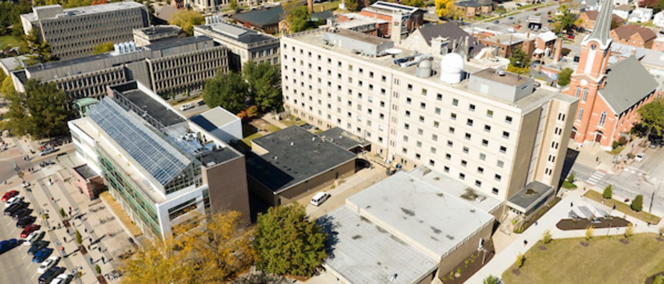 Aerial view of Van Allen Hall at the University of Iowa