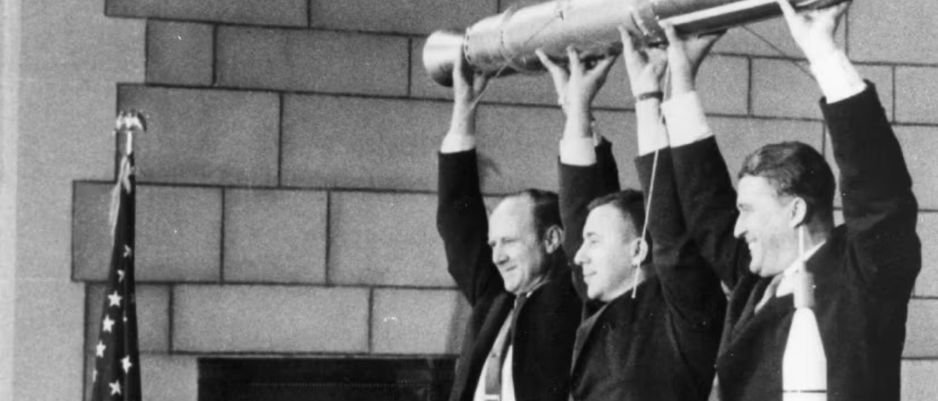 William Pickering, James Van Allen, Wernher von Braun, hoist a replica of Explorer 1, the U.S.’s first satellite, at a news conference in Washington, D.C., after confirmation that the satellite was in orbit. NASA