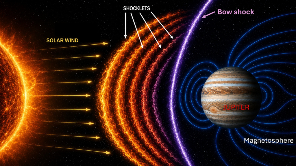 A diagram of solar wind, shocklets, bow shock, magnetosphere, and Jupiter.